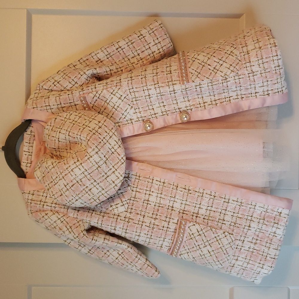 Blueberi Boulevard Pink Girls Dress with Beaded Waist With Jacket And Beret